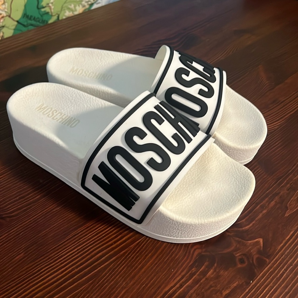 Moschino Womens EU38 Logo Platform Slides Sandals White Black